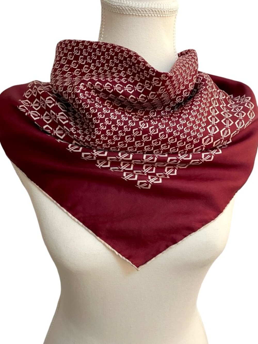 Vintage Japanese Silk Scarf Burgundy Geometric Print 26 x 26 Hand Rolled
